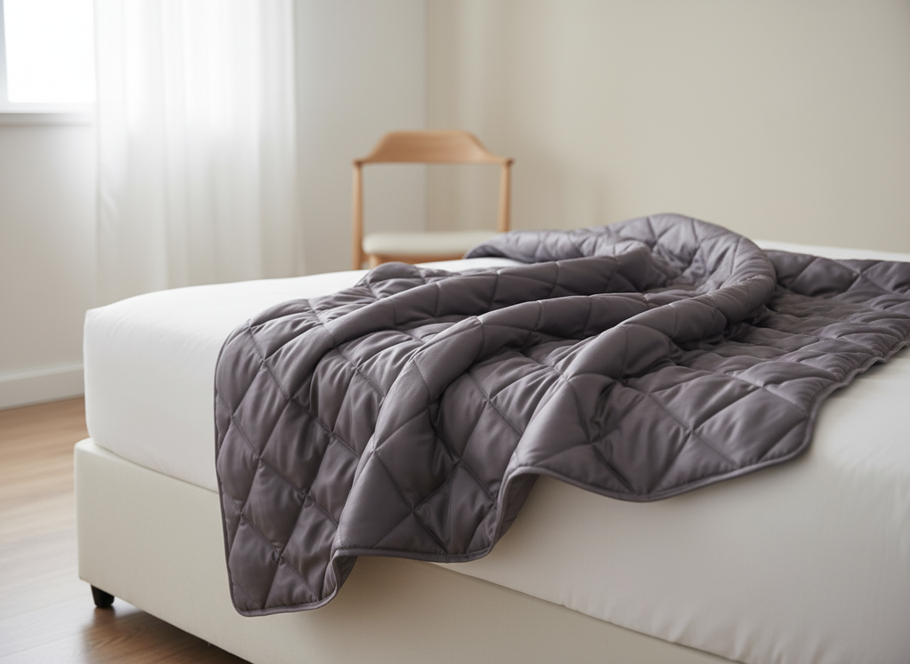 Bamboo weighted blanket with diamond pattern on bed