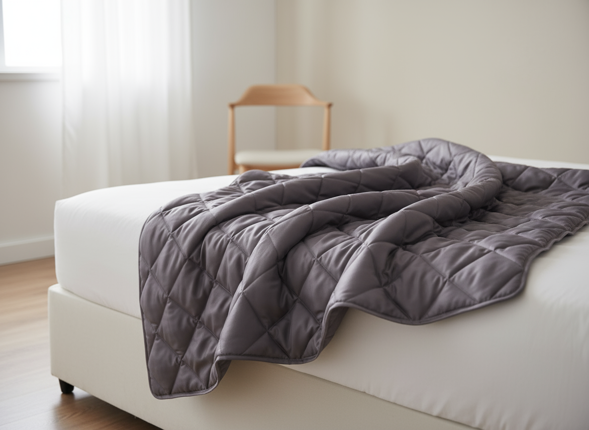 Bamboo weighted blanket with diamond pattern on bed