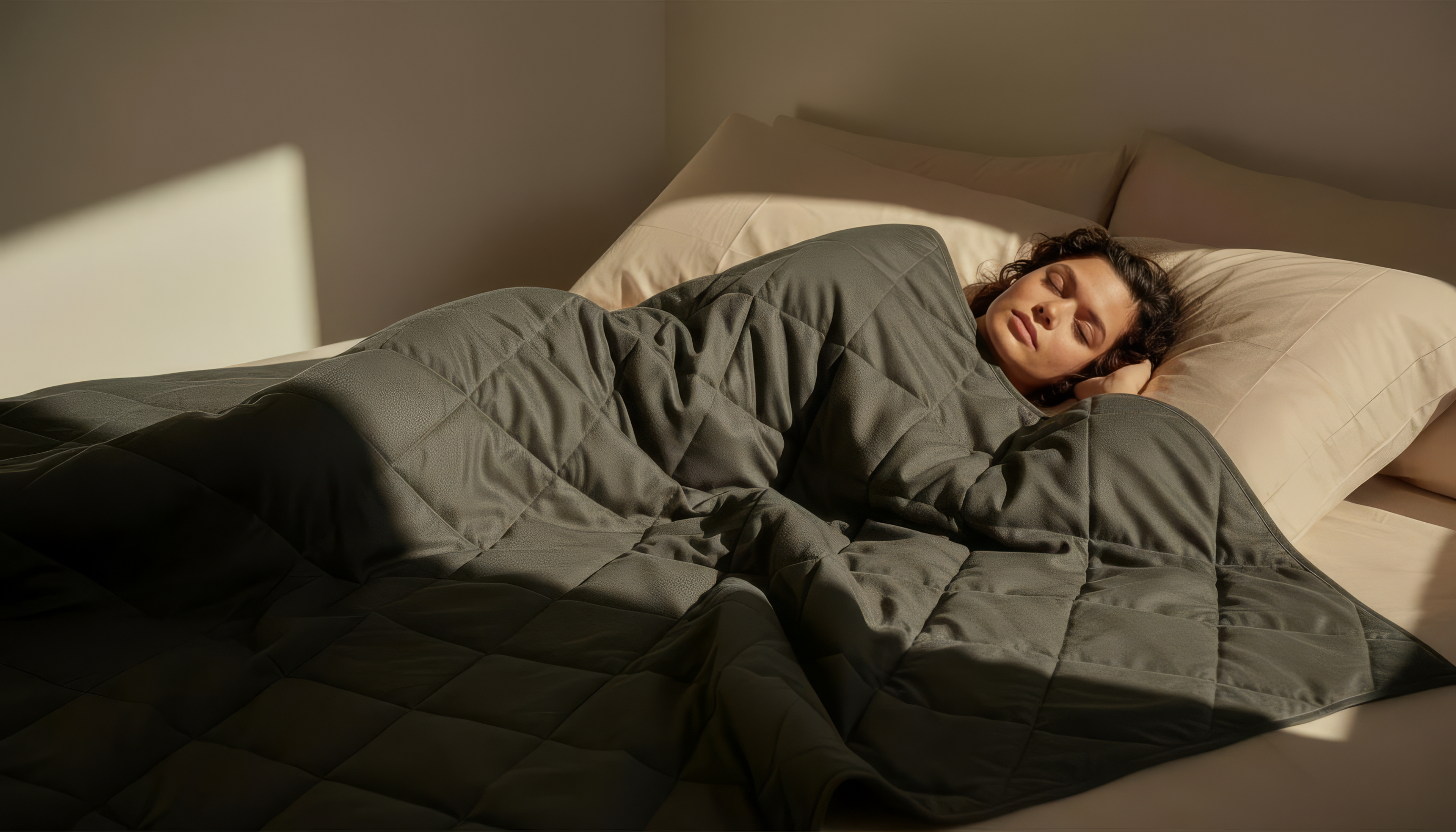 Person lying in bed under a dark green quilt in a dimly lit room